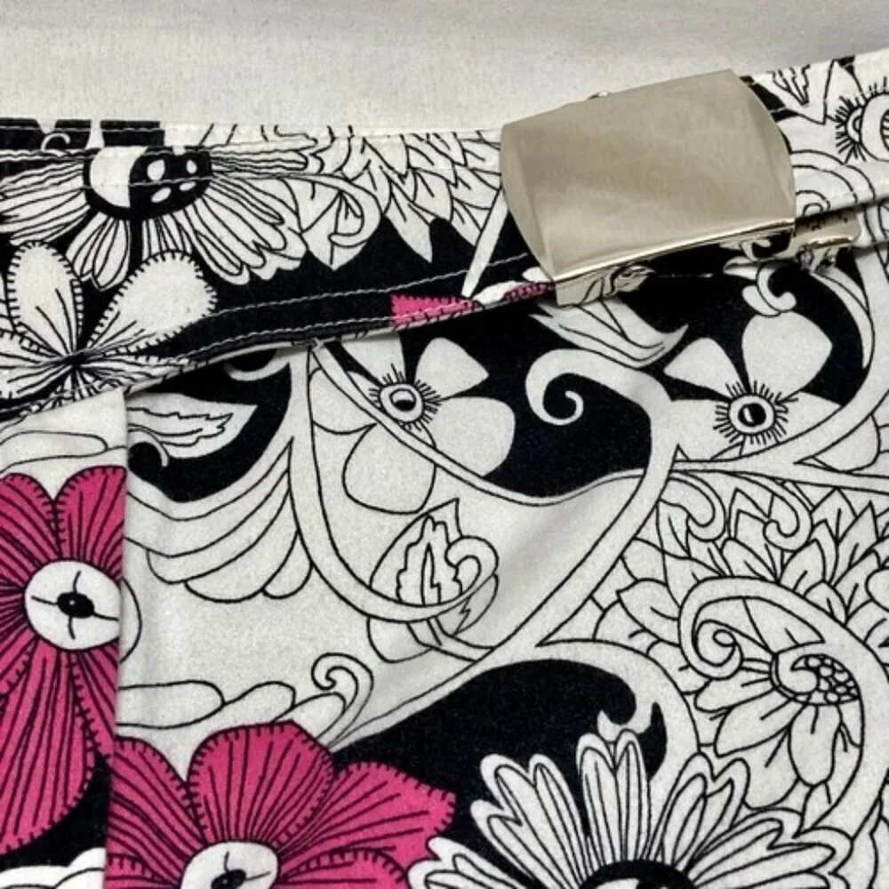 Mixit Capri Pants‎ Wonen's 10 White Black Pink Floral Belted Stretch Fashion EUC